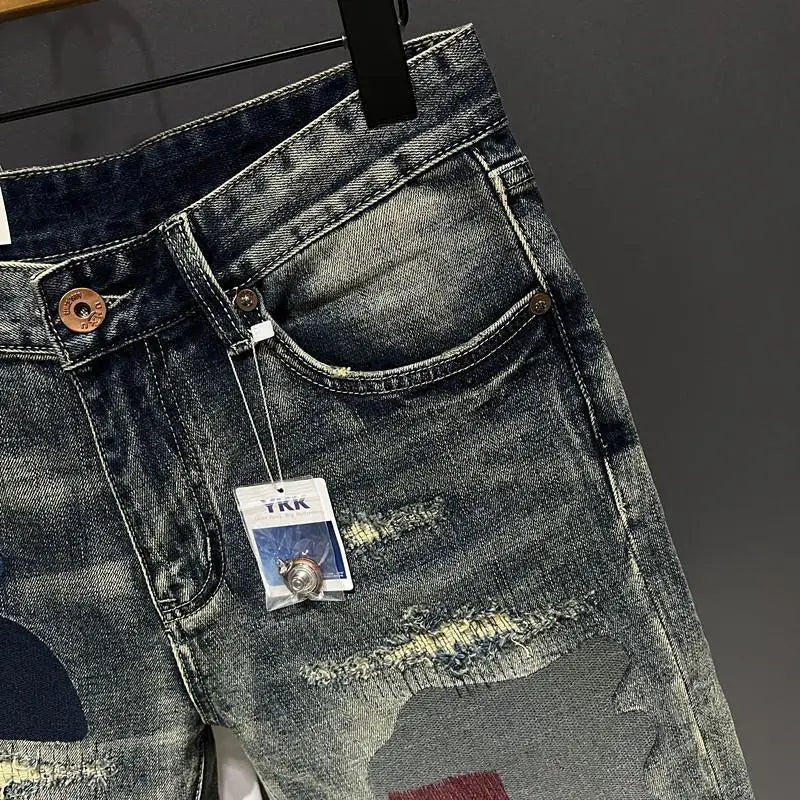 High-end Design Brand Embroidered Elastic Denim Shorts Men's Summer Middle Pants Slim-fitting Korean Breeches Jorts Shorts