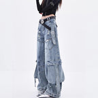 Female Trendy Loose Straight Wide Leg Denim Pants American Style High Street Three-dimensional With ribbons Design Pants