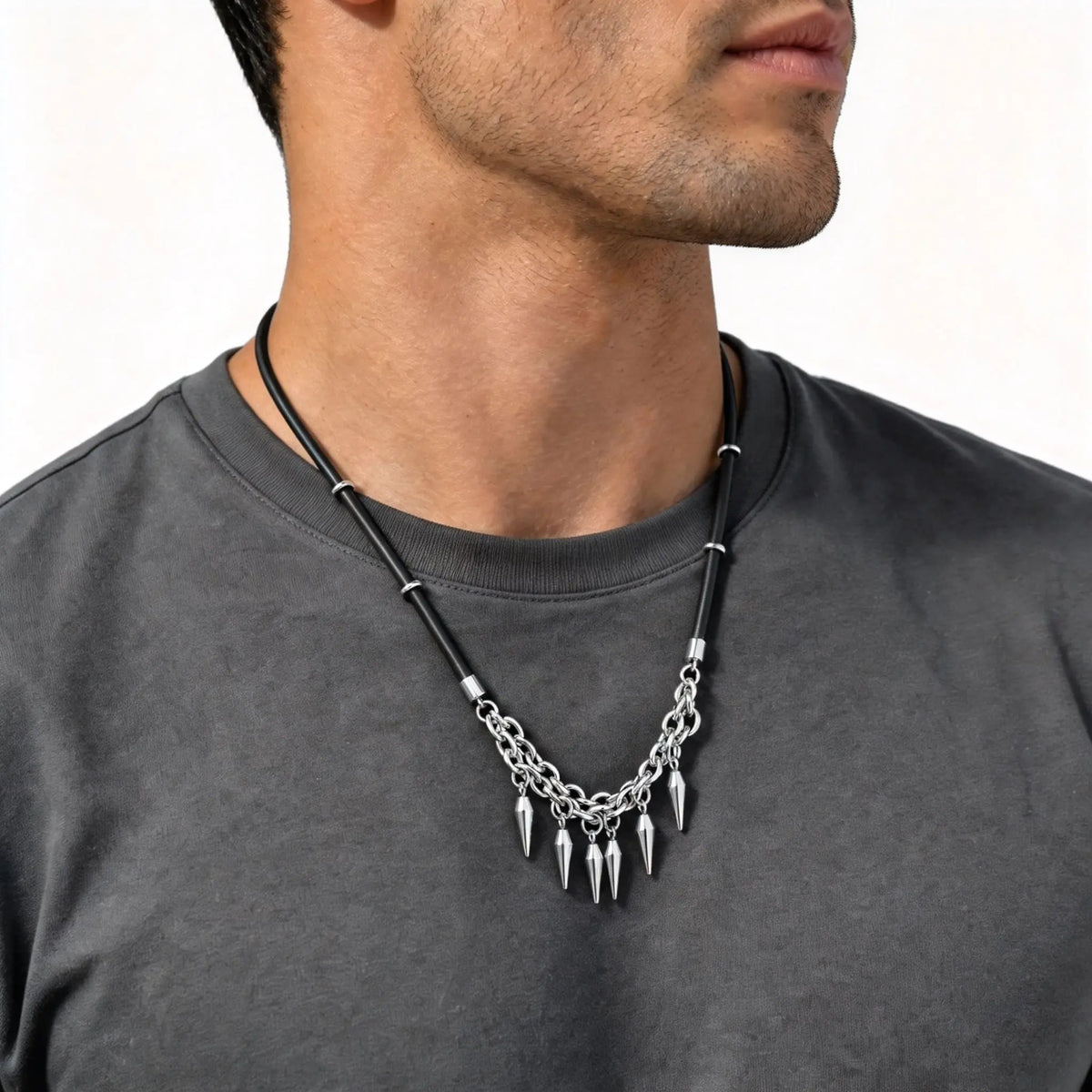 Rock Punk Rivet Leather Necklace for Men,Stainless Steel Tassel Chain Choker,Street Rapper Biker Jewelry Gift