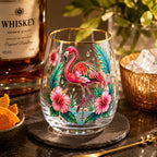Flamingo Cocktail Glass Tropical Hibiscus Decal Stemless Beer Cup Gold Rim Bar Drinkware Party Gift