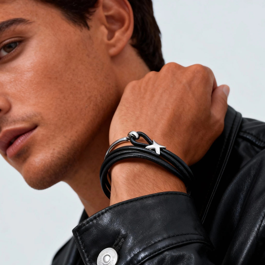 Multilayer Leather Bracelet for Men,Trendy Complicated Stacking Fish Hook Wristband,Rock Punk Jewelry Gift