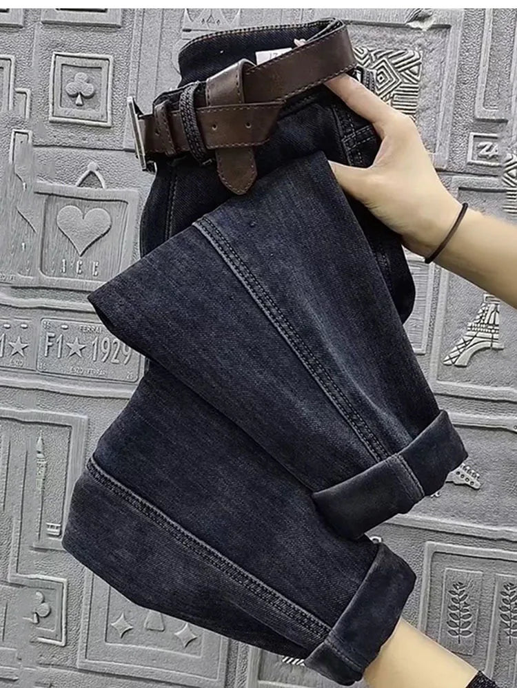 Autumn Winter High Waist Straight Jeans Women Loose Fit Stretch Haren Denim Pants Vintage Ladies Ankle-Length Jeans Pants 5XL