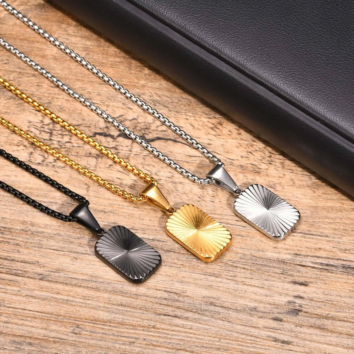 Mens Square Pendant Necklaces,Embossing Radiation Sunburst Stainless Steel Pendant Necklaces,Stylish Jewelry Gifts