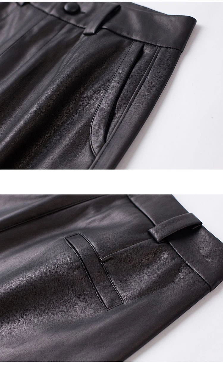 Casual leather pants women in autumn new high waisted loose fitting solid color wide leg nine inch Haren balloon pants