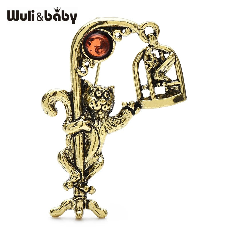PENDRA Birdcatcher 2-Color Metal Enamel Cat Brooch