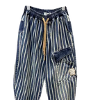 Large size 300 pounds trendy vertical striped workwear denim men's summer elastic waistband nine point harem pants