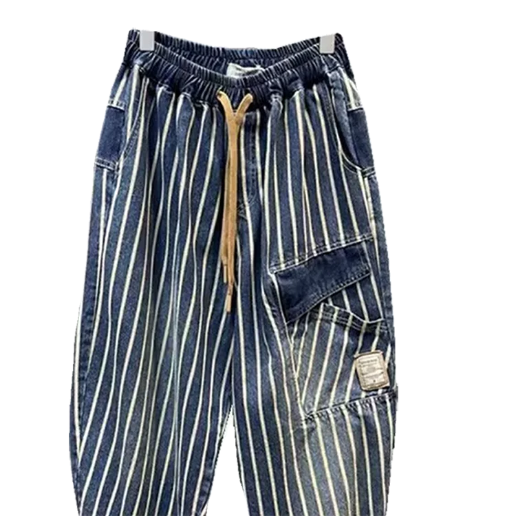 Large size 300 pounds trendy vertical striped workwear denim men's summer elastic waistband nine point harem pants