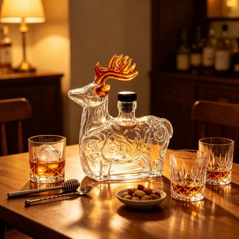Creative Reindeer Shaped Liquor Decanter Clear Glass Alcohol Bottle with Black Stopper for Bar Cabinet Display