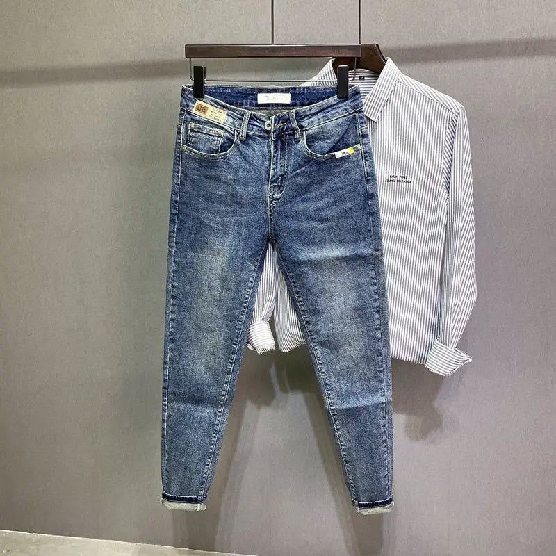 Trendy Brand 2026 Versatile Labeled Jeans for Men Stretch Slim Fit Simple Skinny Pants Trendy Cat Whisker Slimming Cropped Pants