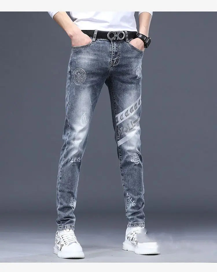 2025 Summer Ripped Jeans Men's Slim-fitting Small Feet Elastic Trousers Trendy Brand Fashion Scratched Patch Cargo Beggar Pants