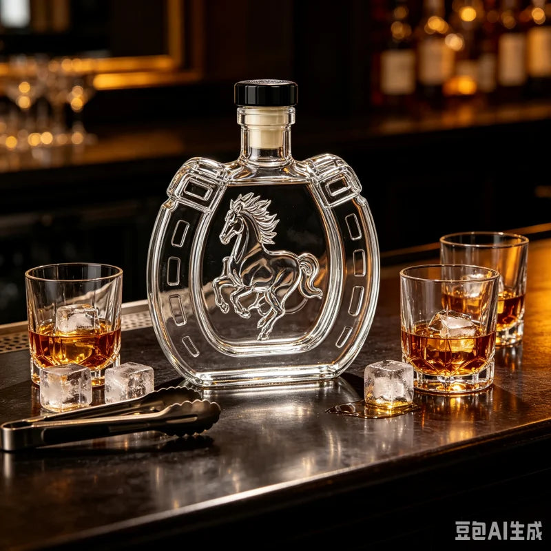 Clear Horseshoe Shaped Liquor Decanter 350ML Embossed Horse Glass Wine Bottle Whisky Container Home Bar Decoration