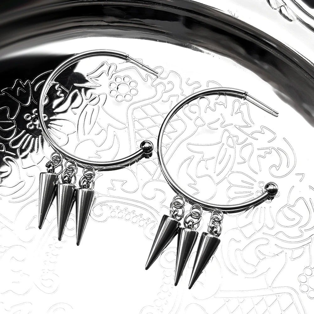 Punk Gothic Hoop Triple Rivet Drop Earrings For Women Men Emo Grunge Stainless Steel Silver Color Spike Huggie Ear Ring Jewelry
