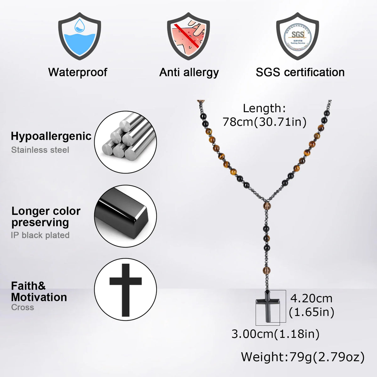 PENDRA Cross Tiger Rosary Necklace