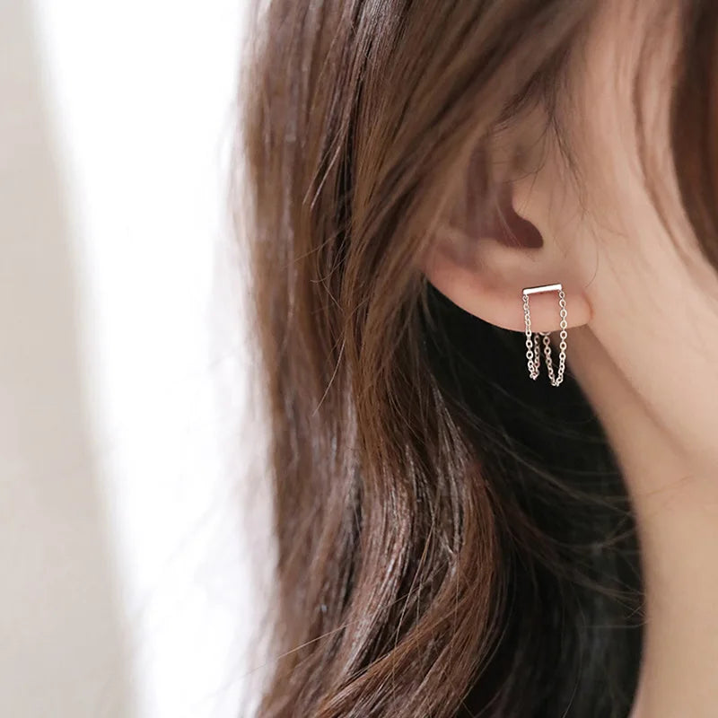 VENTFILLE 925 Sterling Silver  Double Chain Tassel Stud Earrings For Women Minimalist Birthday Gift Party Jewelry 2021 New