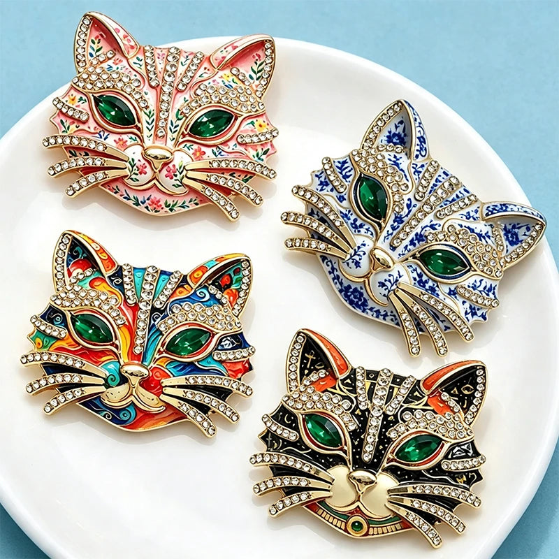 PENDRA Feline Rhinestone Enamel Cat Brooch