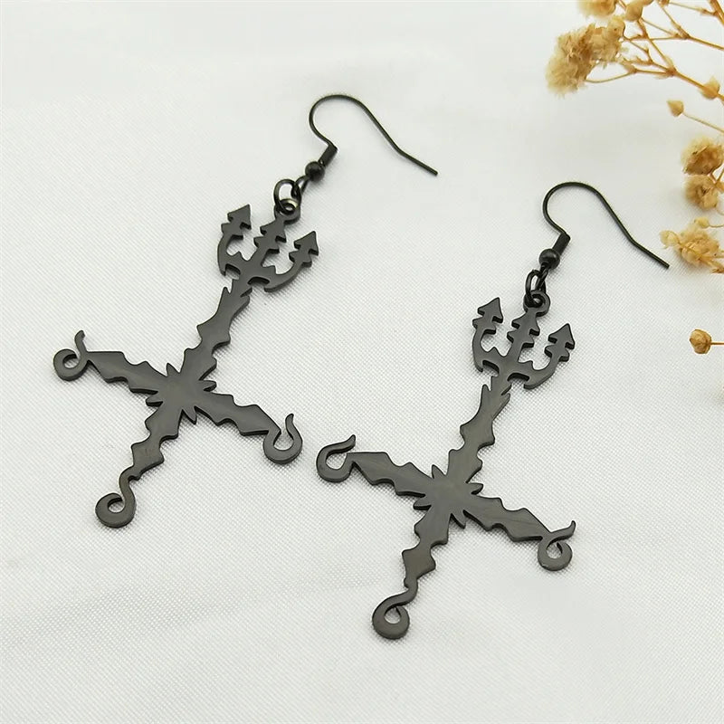 Heavy Metal 666 Music Band Drop Earrings Stainless Steel Black Color Sigil Church of Satan Fork Cross Dangle Earring Jewelry