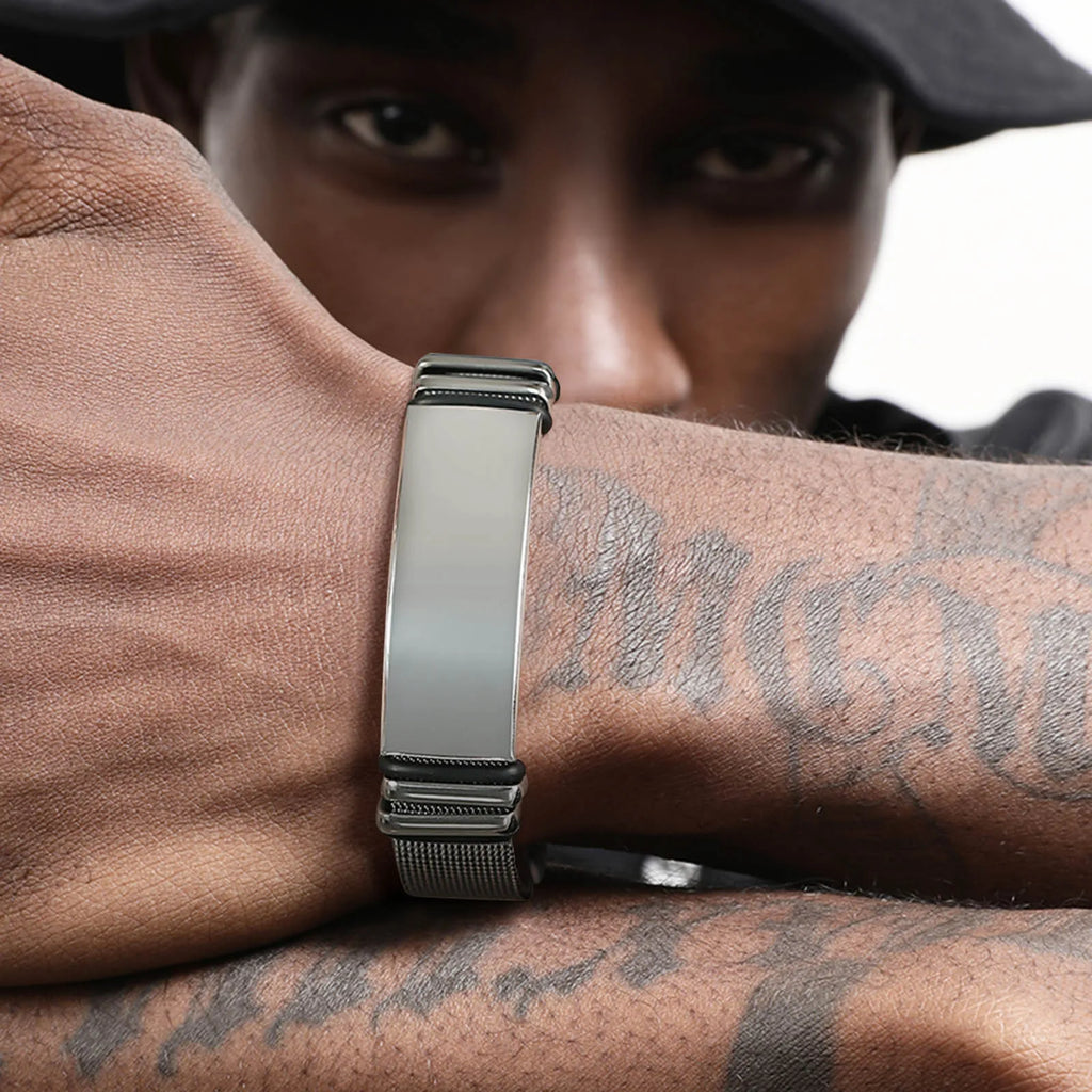Free Engraving,Stainless Steel Mesh Band Bracelet,Adjustable Bracelet for Men Gift