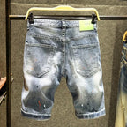 Summer Luxury Trendy Brand Denim Shorts Men's Pants Ripped Slim-fitting Elastic Washed Japanese Embroidery Patch Medium Pants