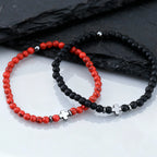 Gallstone Cross Beaded Bracelet for Men Boys,4mm Red Pine Stone Black Onyx Elastic Wristband,Simple Stackable Jewelry