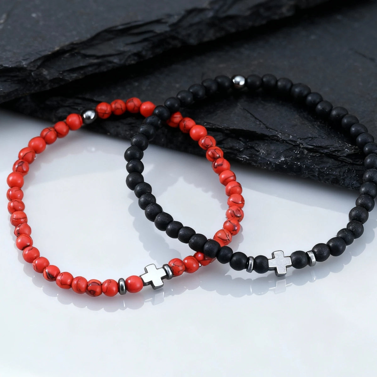 Gallstone Cross Beaded Bracelet for Men Boys,4mm Red Pine Stone Black Onyx Elastic Wristband,Simple Stackable Jewelry