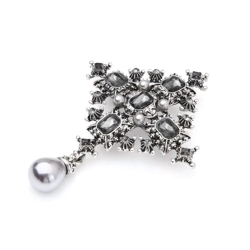 PENDRA Royal Cross Vintage Crystal Pearl Brooch