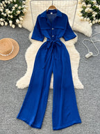 Fashionable casual lapel collar short sleeved cinched waist jumpsuit women's summer new solid color wide leg long pants