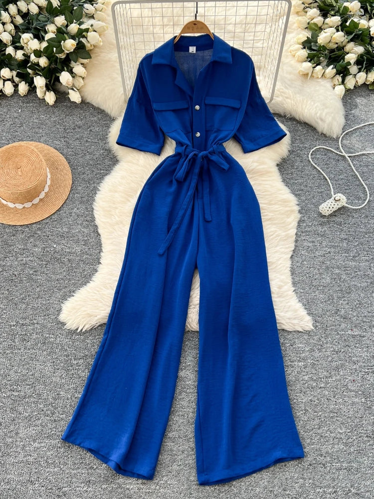 Fashionable casual lapel collar short sleeved cinched waist jumpsuit women's summer new solid color wide leg long pants