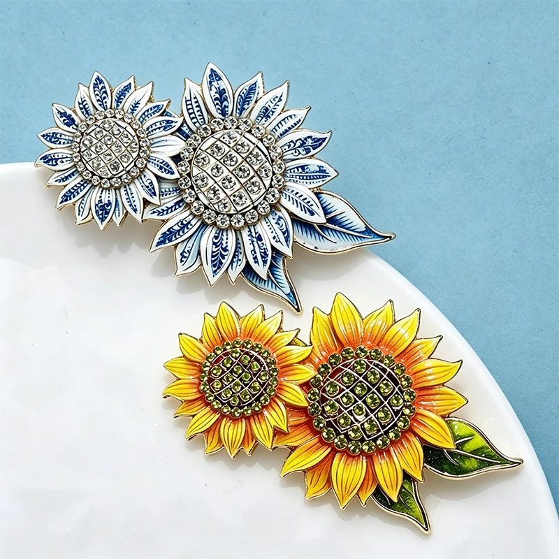 PENDRA Solara 2-Color Enamel Rhinestone Sunflower Brooch