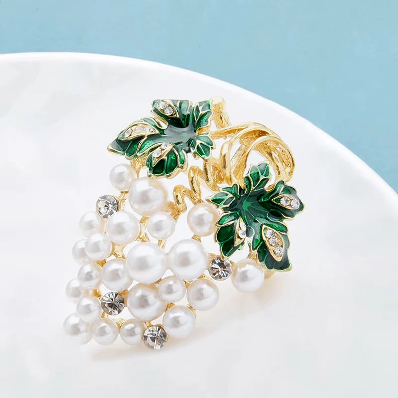 PENDRA Vinetta Full-White-Pearl Enamel Grape Brooch