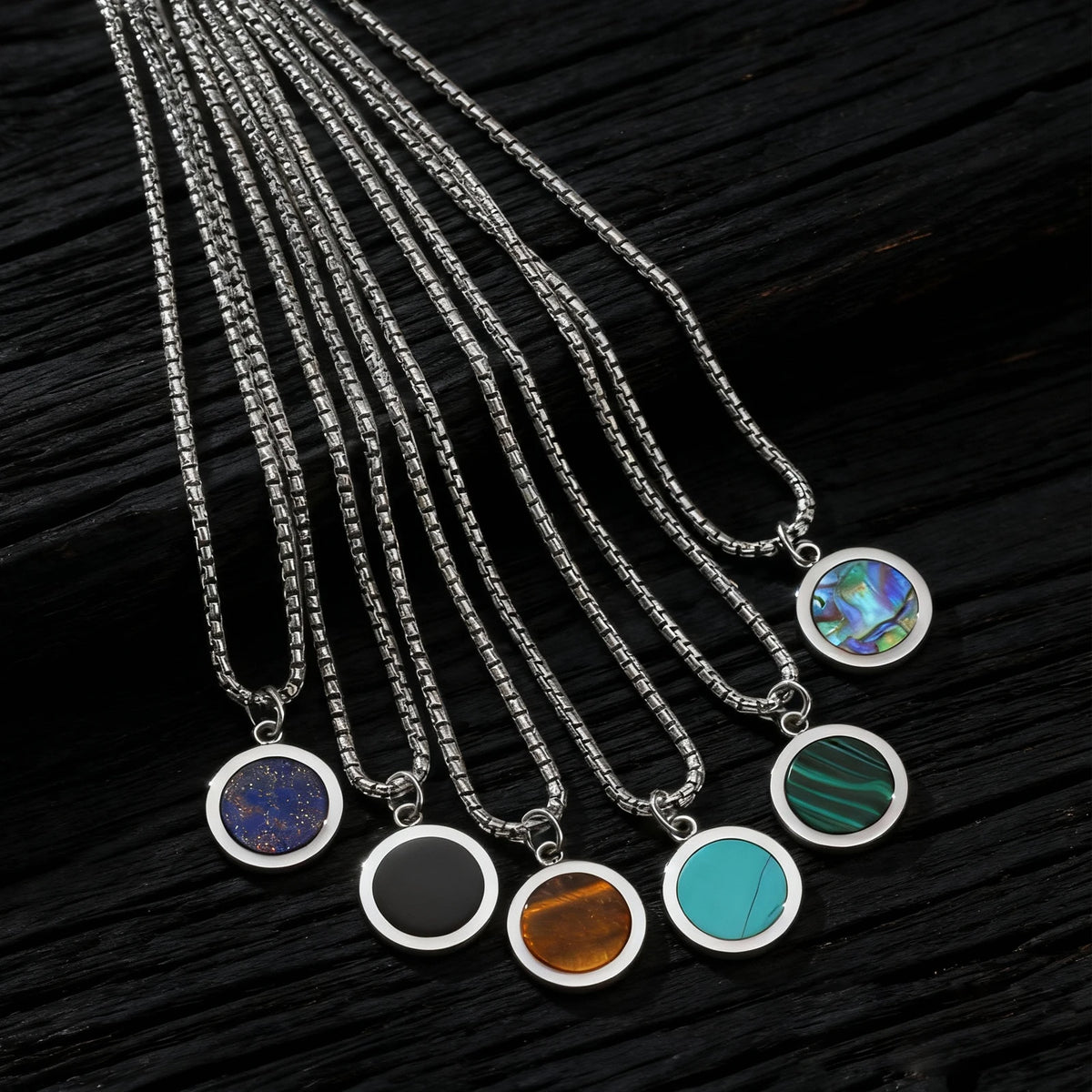 Hiphop Round Natural Stone Necklace for Men,Waterproof Stainless Steel Pendant Necklace,Birthday Party Father Gift