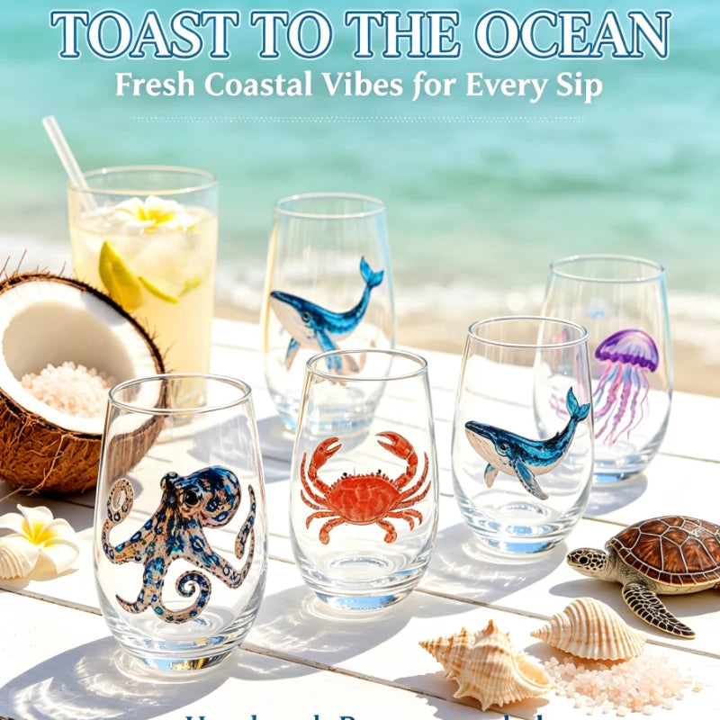 High definition sticker marine life red wine glass, lead-free transparent glass, beer cocktail home decoration water cup