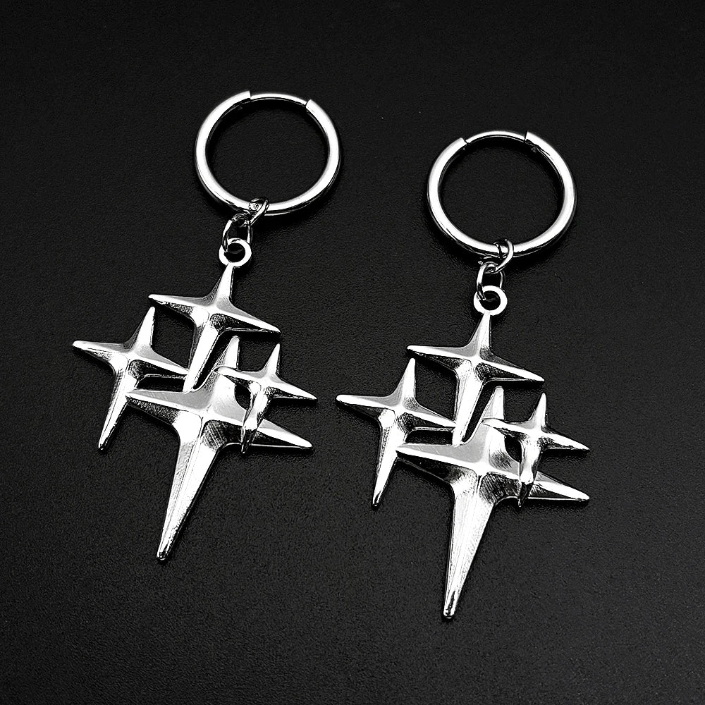 Y2K Star Swirl Earring Accessory For Egirl Boy Stainless Steel Silver Color Daily Streetwear Dark Kpop Ear Hoops Rapper Jewelry