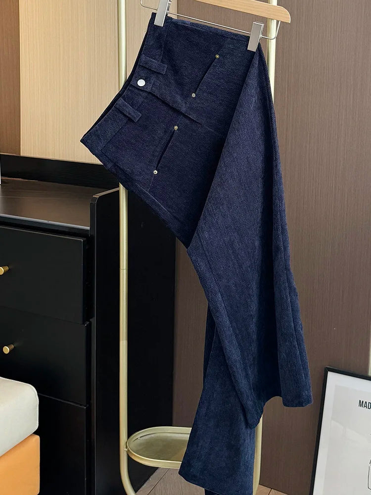 Deep blue wide leg casual pants women's autumn and winter 2025 new loose thick fashion versatile striped straight leg pants