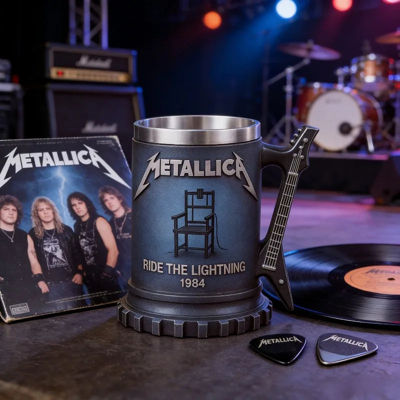 JingMetallica Ride The Lightning 1984 Collectible Mug, Guitar Handle Stainless Steel Lined Beer Stein, Heavy Metal Rock Fan Gift