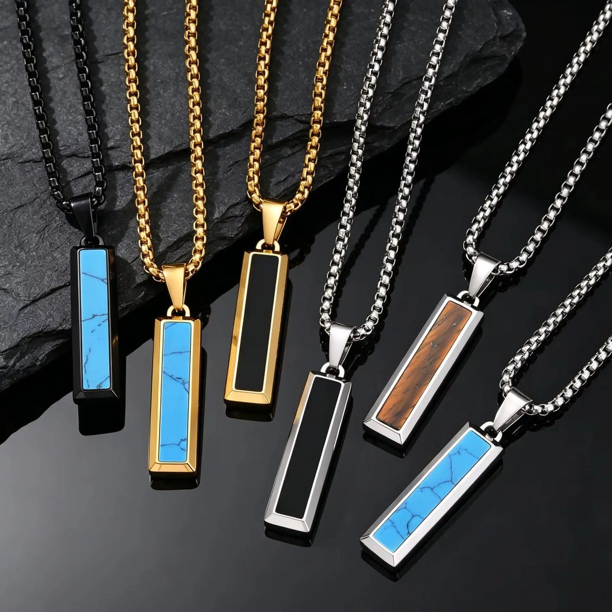 Punk Geometric Necklace for Men Boys,Stainless Steel Natural Turquoise Vertical Pendant,Birthday Partry Anniversary Father Gift