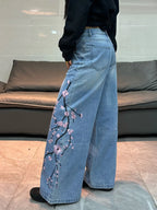 American Vintage Floral Embroidery Design Blue Baggy Jeans Women Y2K Street Fashion Trendy Versatile Comfortable Wide-Leg Pants