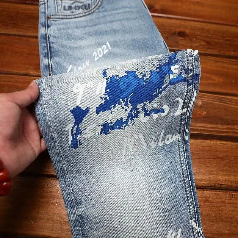Spring Autumn Korean Popular Clothes Jeans Men's Printed Slim-fitting Pants 2026 New Stretch High-end Elastic Casual Trousers