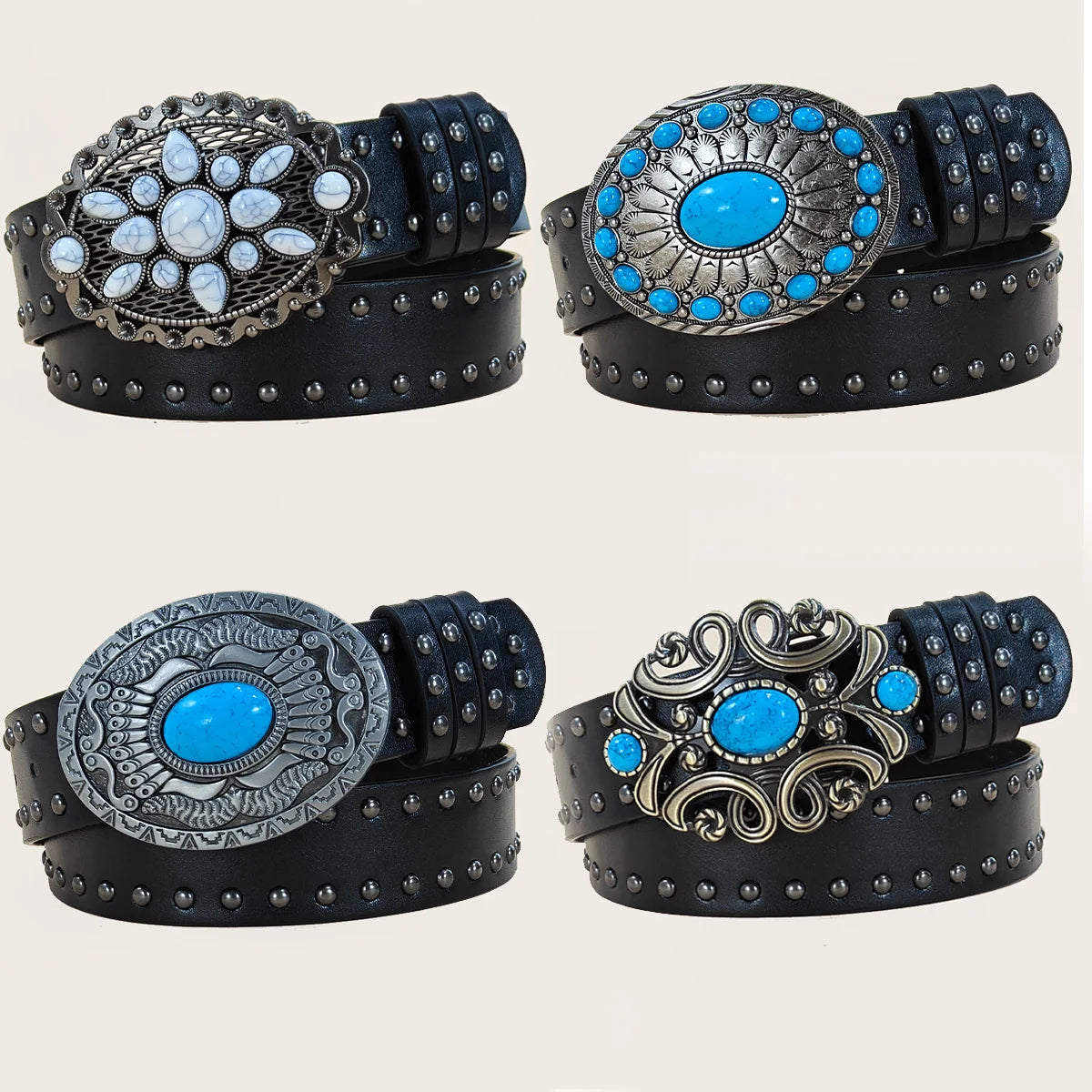 Men and Women's Casual Punk Rivet Belt Western Style PU Leather Belt with Turquoise Buckle for Daily Work Wear Gothic Jeans Belt