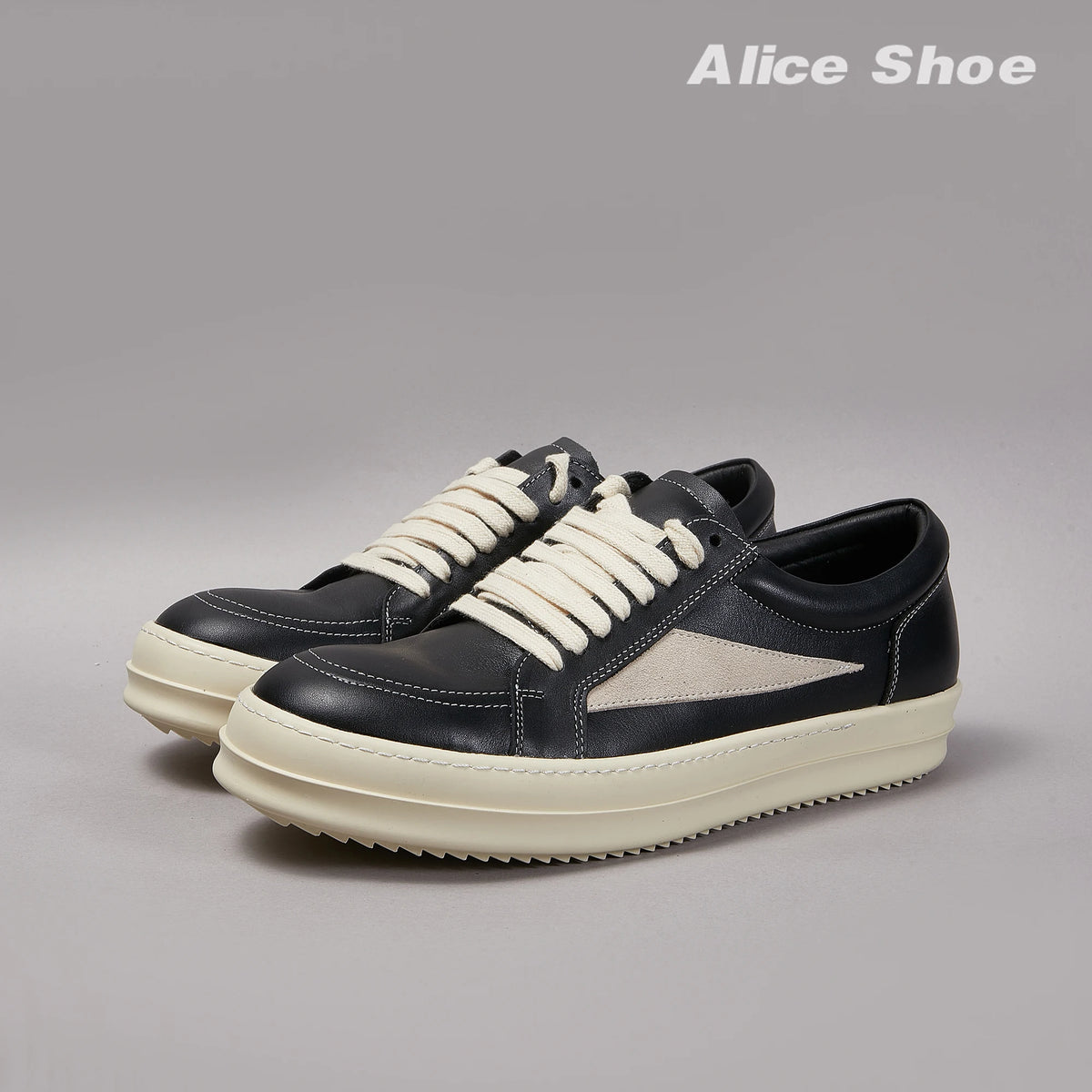 PENDRA Holiday Leather Black Leather Low-Top Lace-Up Thick-Sole Platform Sneakers