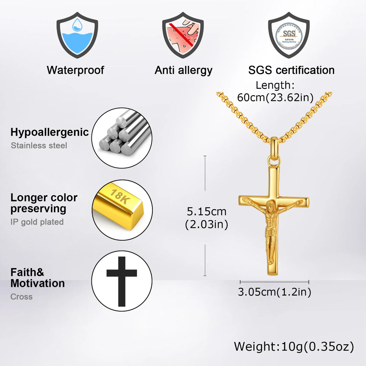 Waterproof Crucifix Cross Necklace for Men Boys,Stainless Steel Catholic Cross Pendant Necklace ,Religious Belief Jewelry Gift