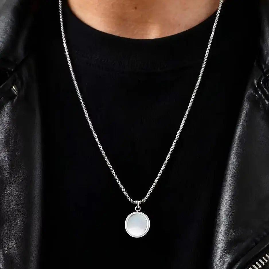 Hiphop Round Natural Stone Necklace for Men,Waterproof Stainless Steel Pendant Necklace,Birthday Party Father Gift