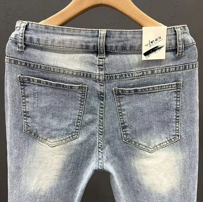 Summer New 2026 Ripped Jeans Men's Trendy Brand Casual Elastic Slim Fit Small Feet Ruffian Handsome Beggar Pencil Pants