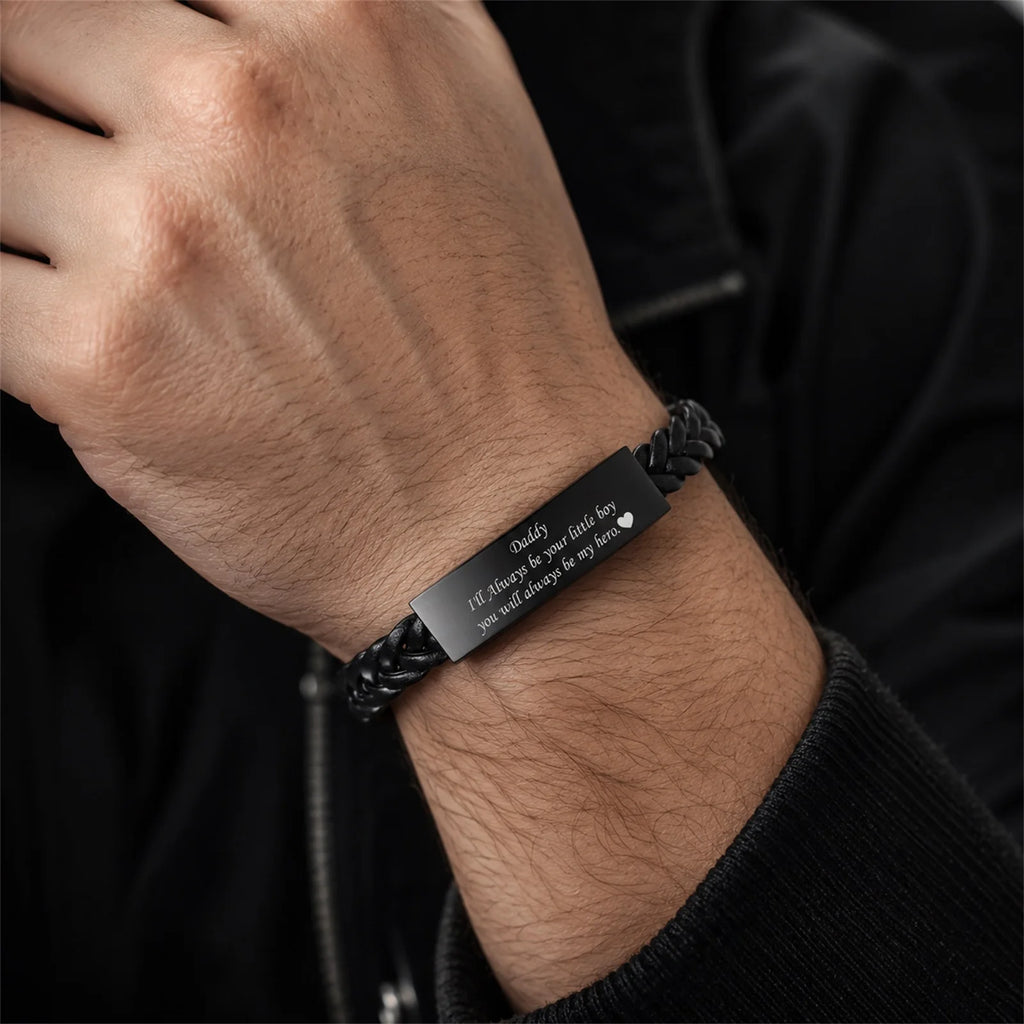 Black Leather Bracelet for Dad Him Men,Engraved Touching Words Stainless Steel Metal Wrsitband,Father's Day Gift