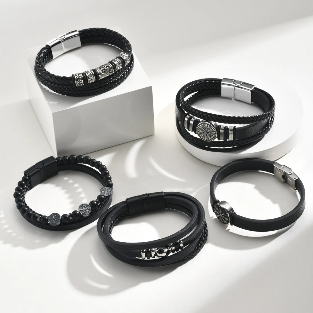 Men Multilayer Braided Leather Bracelets,Vintage Viking Compass Shape Metal Charm Wristband,Punk Stackable Bangle Jewelry Gift