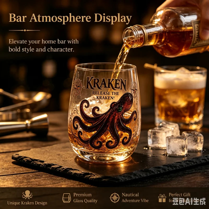 Kraken Octopus Whiskey Glass Vintage Nautical Compass Print Lowball Tumbler Heavy Clear Crystal Spirits Cup Unique Sea Monster