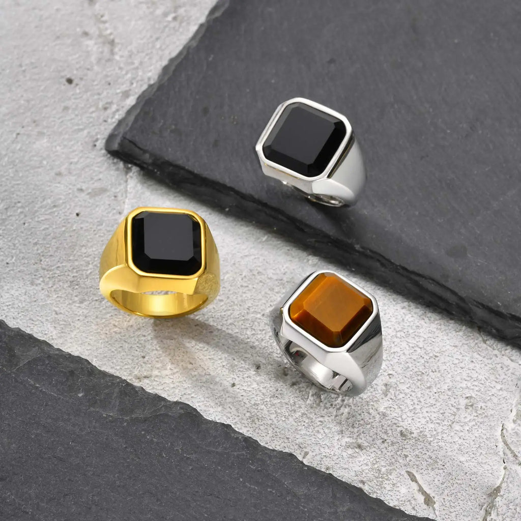 Men Tiger's Eye Signet Rings,Waterproof Stainless Steel Wedding Bands Gift