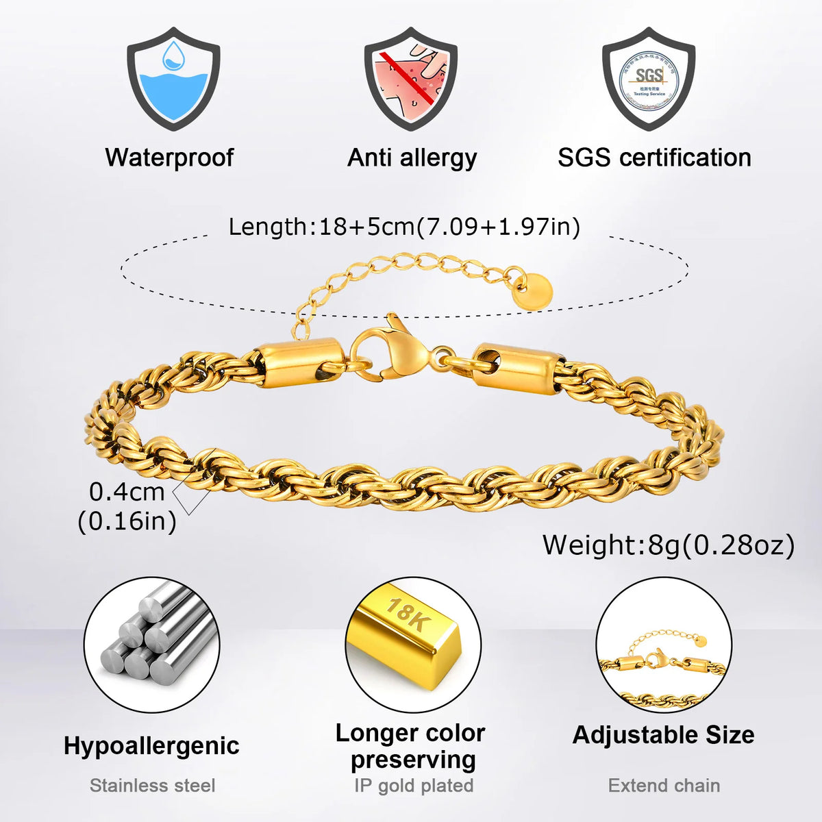 2/3/4/5mm Twist Rope Chain Bracelet for Men Women,Casual Stainless Steel Adjustable Chain Wristband,Gold/Siver Color Chain
