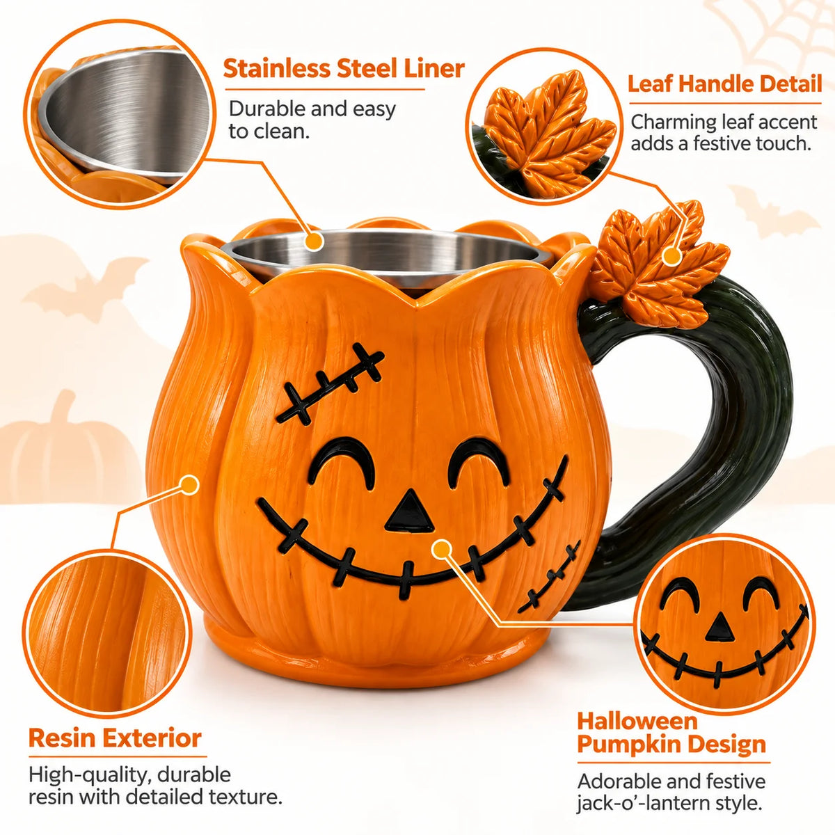 Pumpkin Resin Mug Halloween Decorative Cup Cute Holiday Coffee Mug Gift for Friends Family Fall Party Table Decor