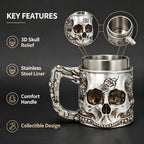Halloween Spooky Skull Stein Mug 3D Relief Skeleton Pattern Stainless Steel Inner Tank Gothic Pub Bar Whiskey Wine Drink Cup