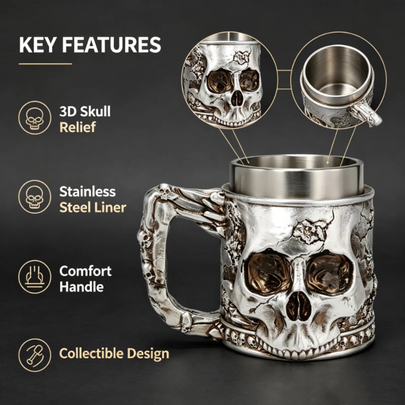 Halloween Spooky Skull Stein Mug 3D Relief Skeleton Pattern Stainless Steel Inner Tank Gothic Pub Bar Whiskey Wine Drink Cup
